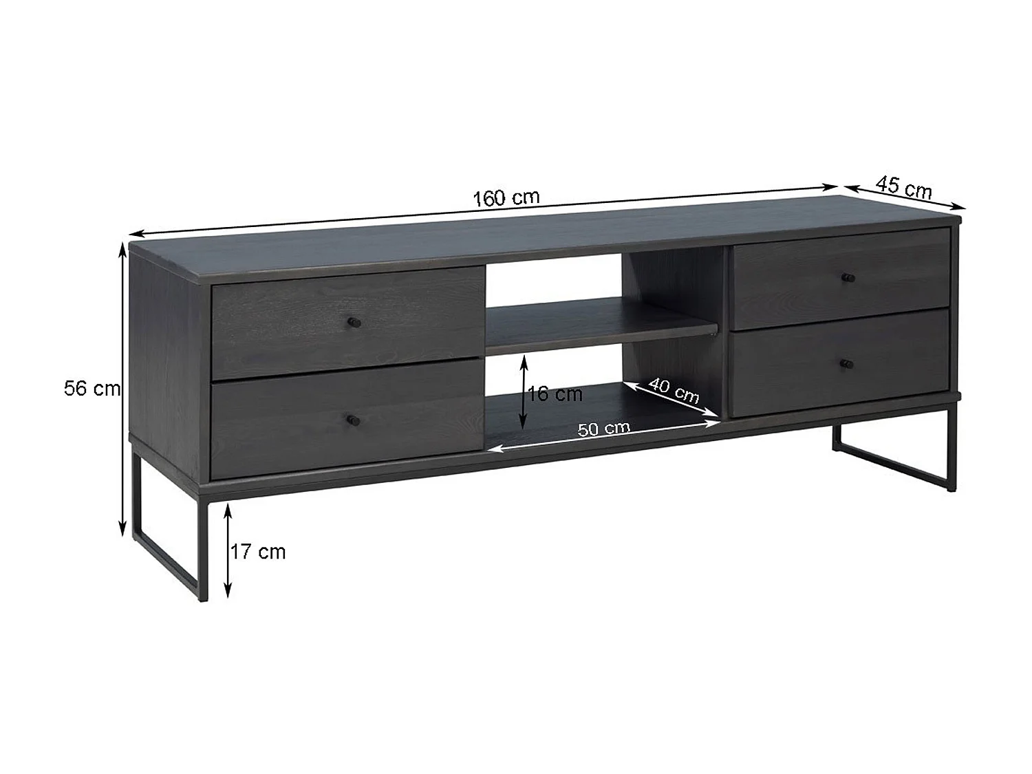 RTV kast 160 cm Megan loft II, hout en metaal, 4 laden, kleur kastanje