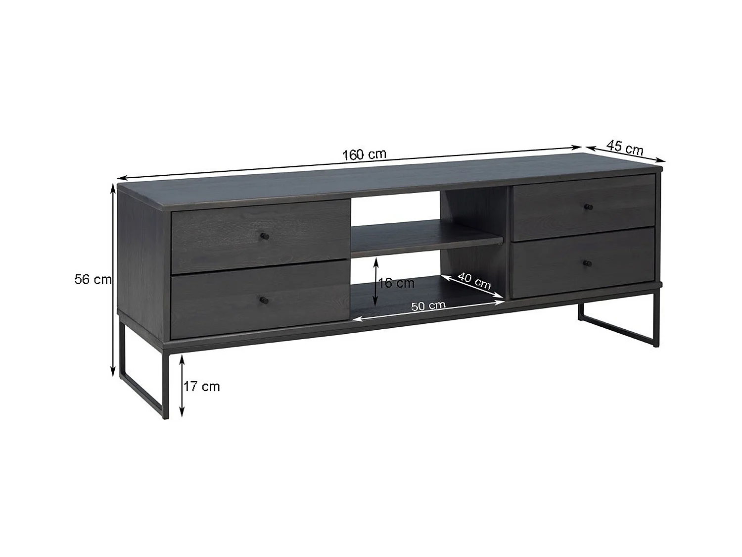 Meuble RTV 160 cm Megan loft II, bois et métal, 4 tiroirs, couleur châtaigne