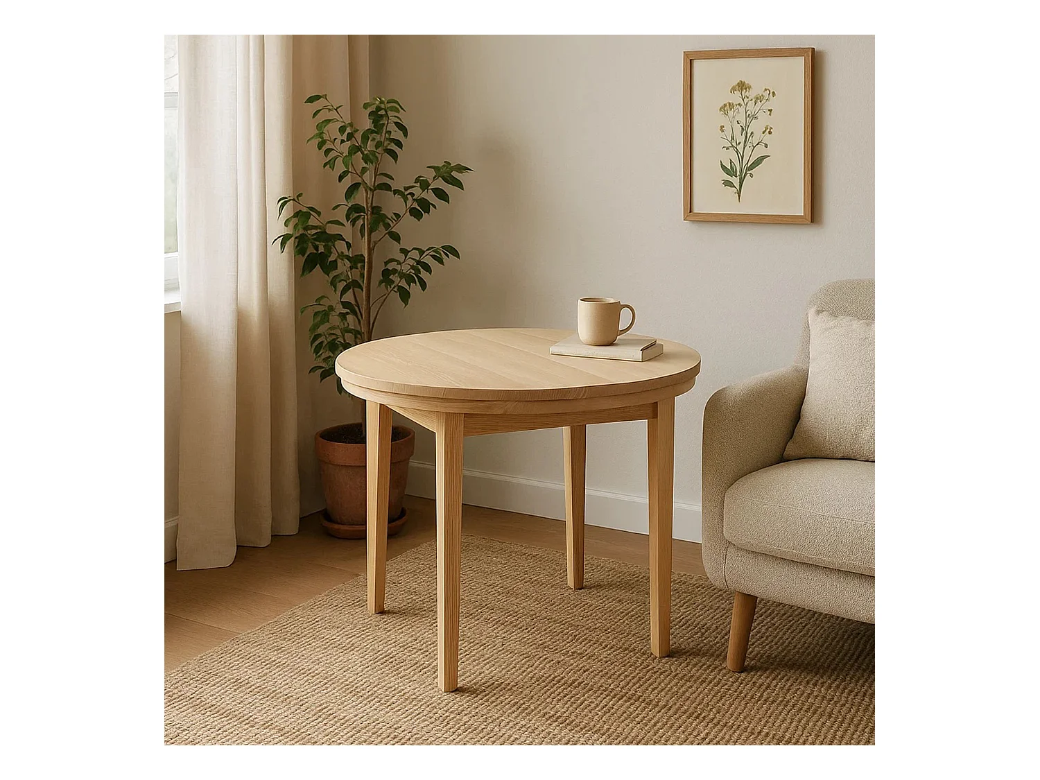 Runder Tisch 100 cm Bord aus Holz, Farbe Kiefer