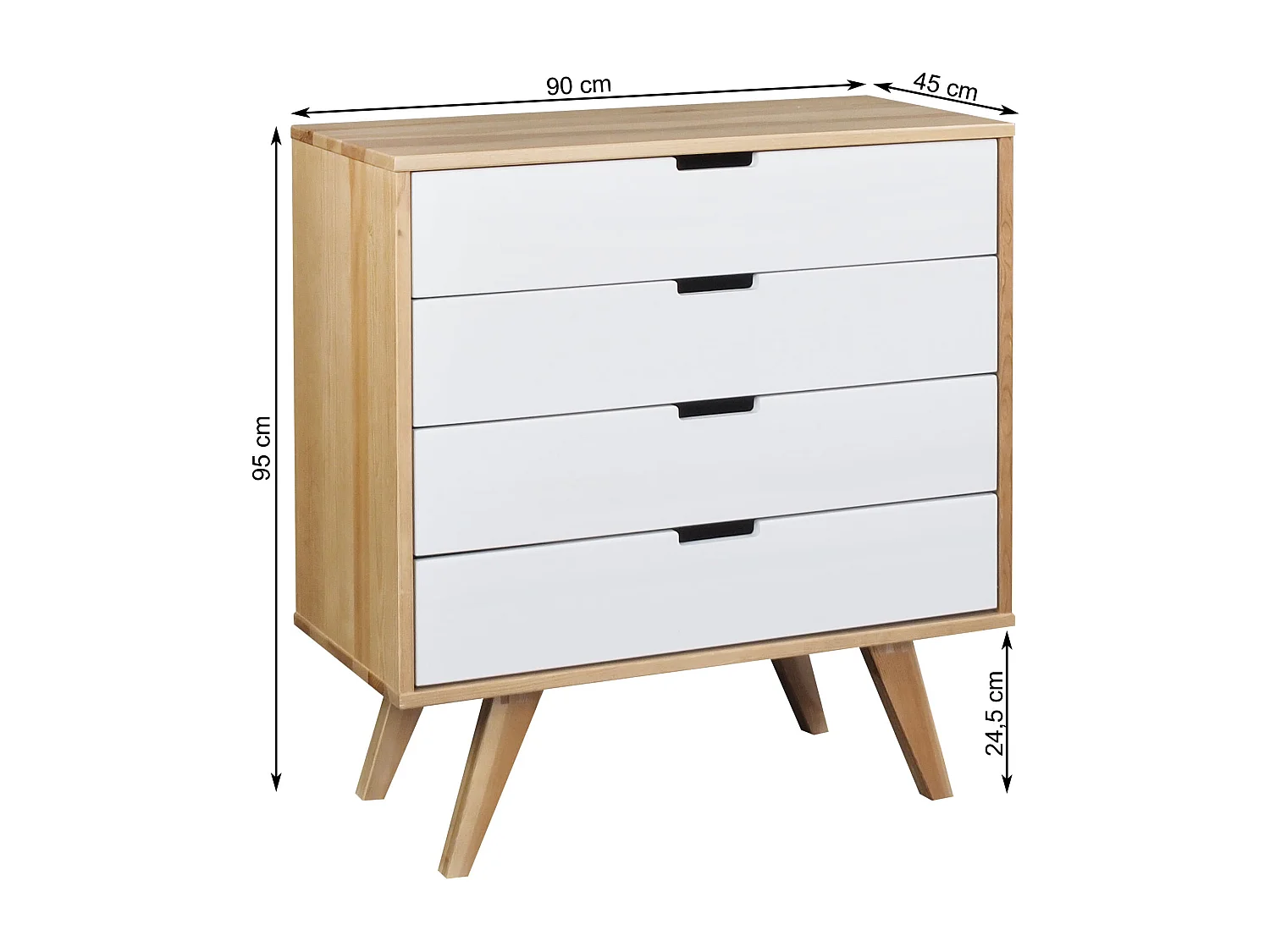 Houten ladekast 90 cm Malmo I, 4 laden, kleur eiken en witgewassen