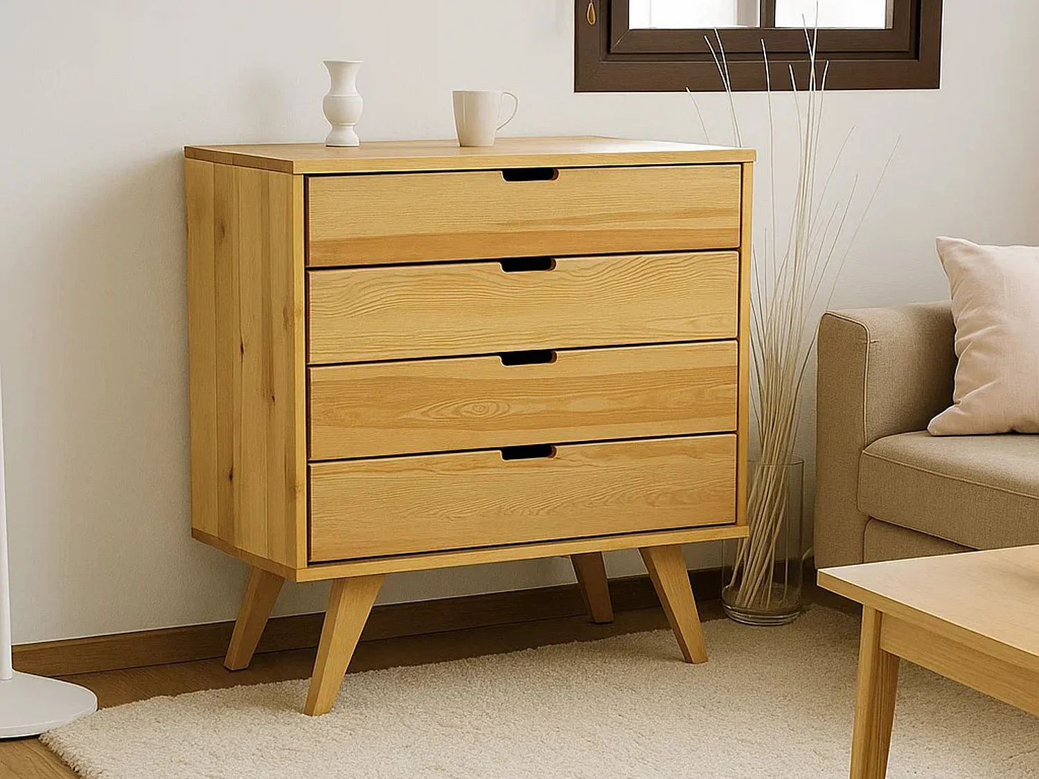 Commode en bois 90 cm Malmo I, 4 tiroirs, couleur chêne