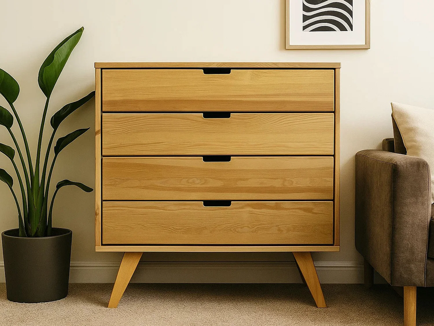 Commode en bois 90 cm Malmo I, 4 tiroirs, couleur chêne