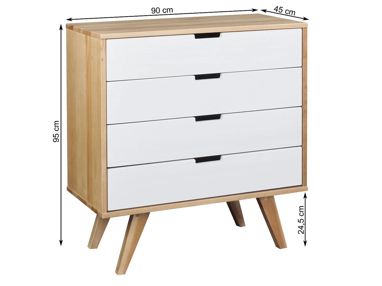 Holzkommode 90 cm Malmo I, 4 Schubladen, Farbe Eiche