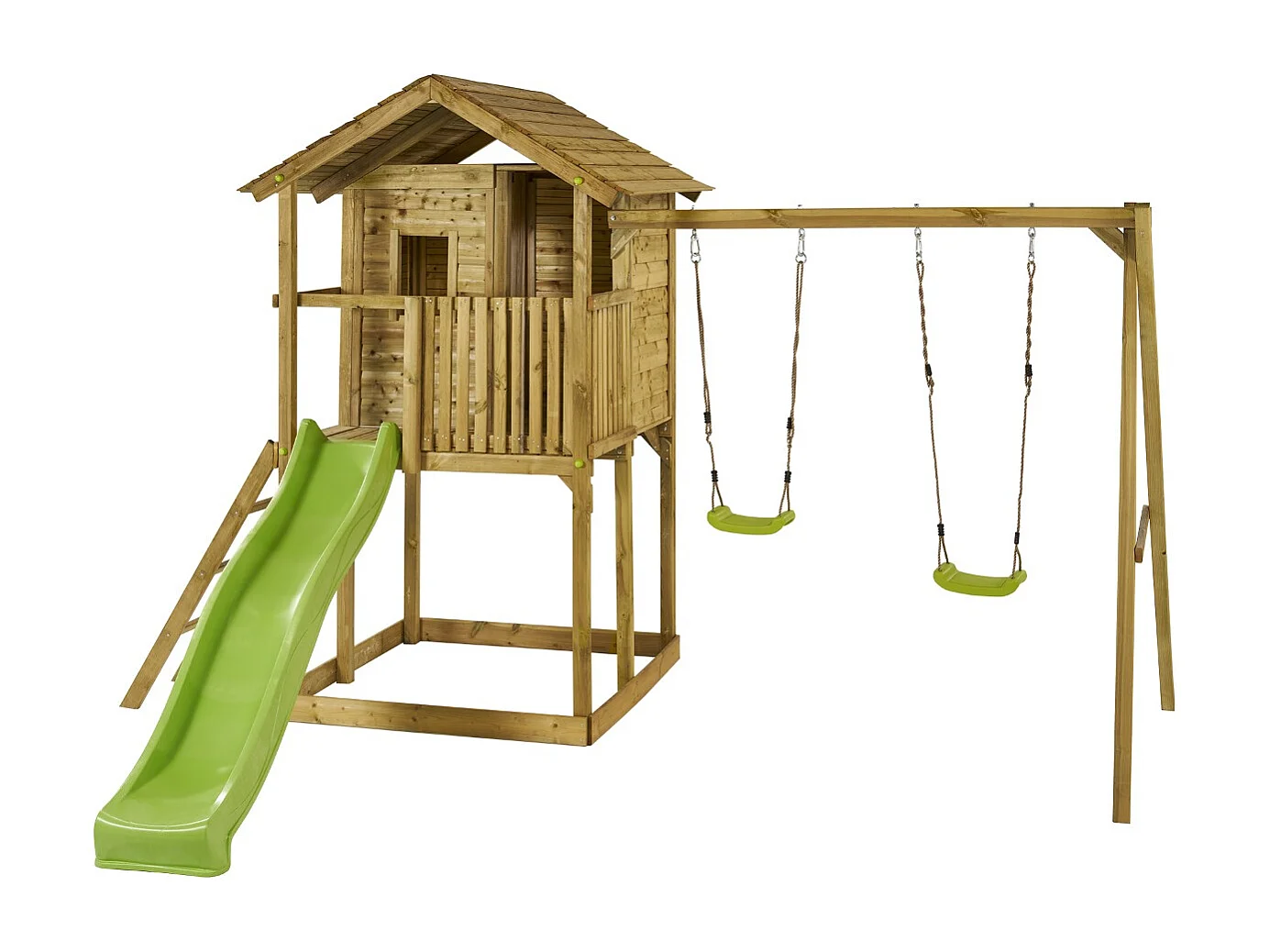 Kangui - Aire de jeux en bois avec cabane sur pilotis  WAPITI - Balançoires, toboggan, cabane avec balcon