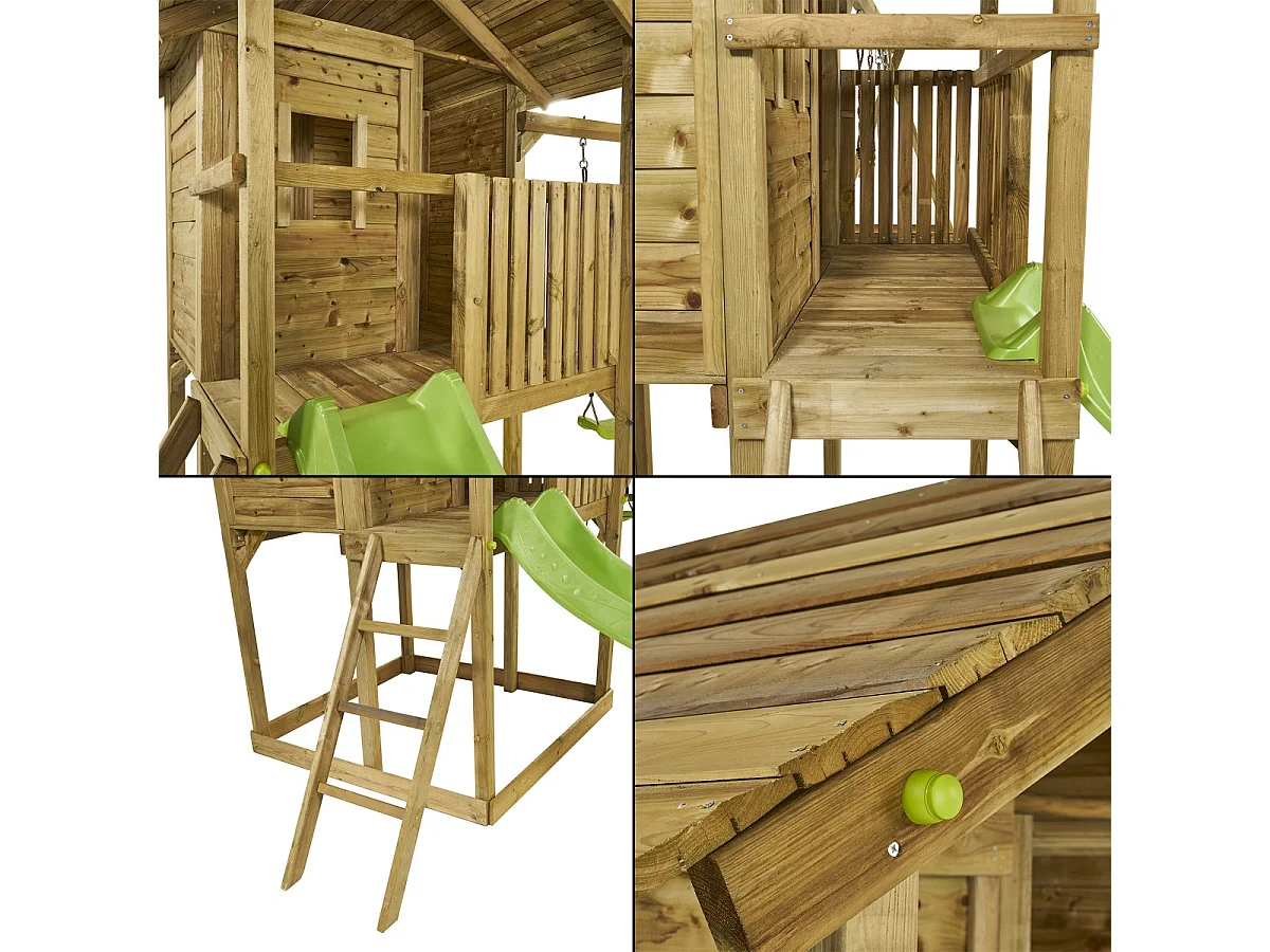 Kangui - Aire de jeux en bois avec cabane sur pilotis  WAPITI - Balançoires, toboggan, cabane avec balcon