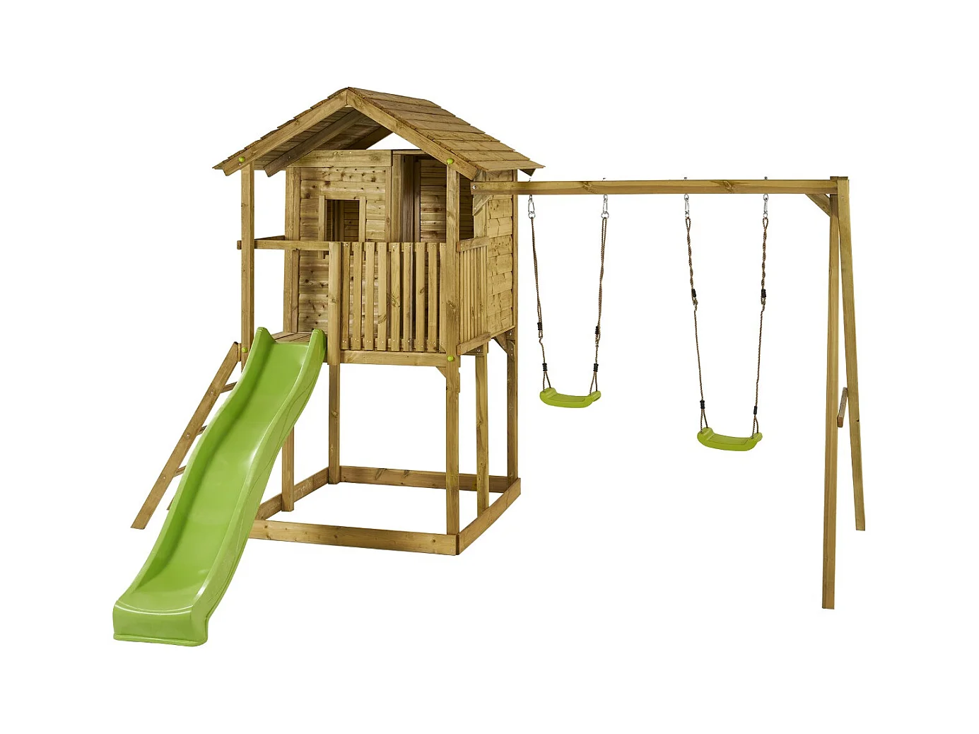 Kangui - Aire de jeux en bois avec cabane sur pilotis  WAPITI - Balançoires, toboggan, cabane avec balcon