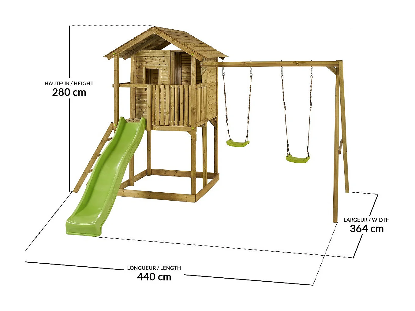 Kangui - Aire de jeux en bois avec cabane sur pilotis  WAPITI - Balançoires, toboggan, cabane avec balcon