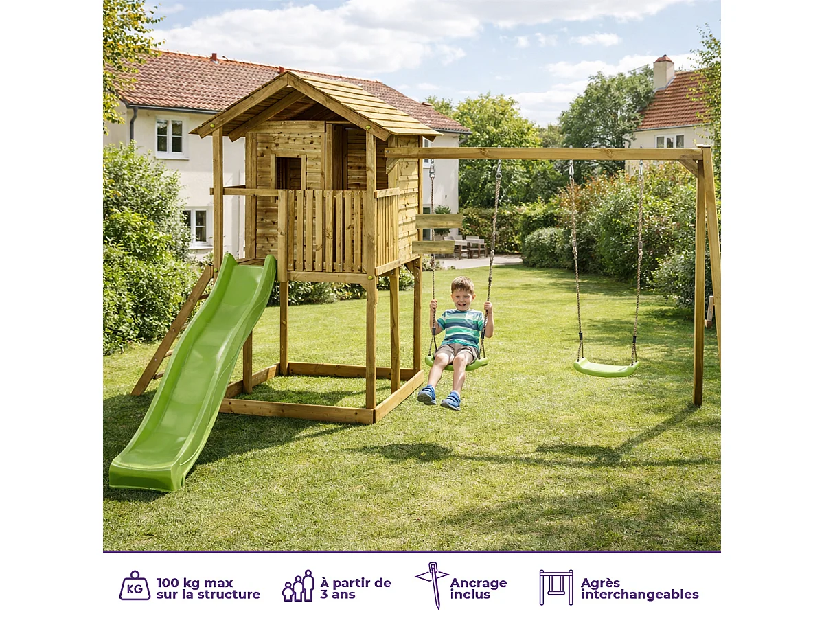 Kangui - Aire de jeux en bois avec cabane sur pilotis WAPITI - Balançoires, toboggan, cabane avec balcon