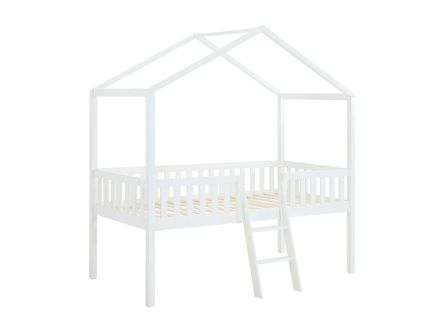 Lit cabane mi-hauteur 90 x 190 cm - Pin - Blanc - NALENY