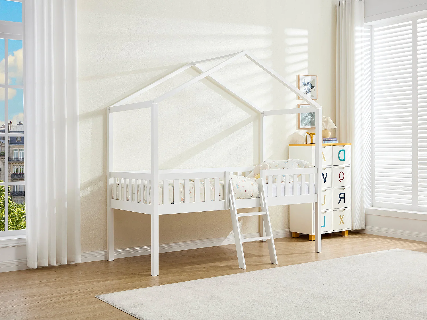 Lit cabane mi-hauteur 90 x 190 cm - Pin - Blanc - NALENY