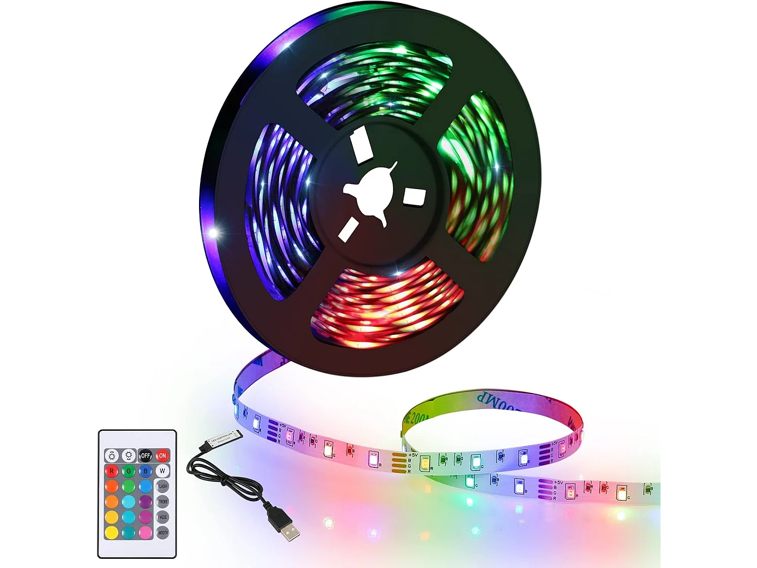 Ruban LED 5M, LED chambre RGB Lumineuse Flexible, Bande LED Lumière LED multicolore avec Télécommande pour Chambre, Cuisine, TV, Fête