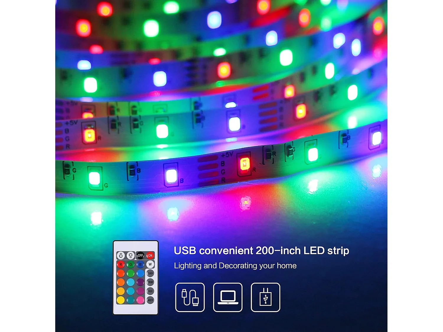 Ruban LED 5M, LED chambre RGB Lumineuse Flexible, Bande LED Lumière LED multicolore avec Télécommande pour Chambre, Cuisine, TV, Fête