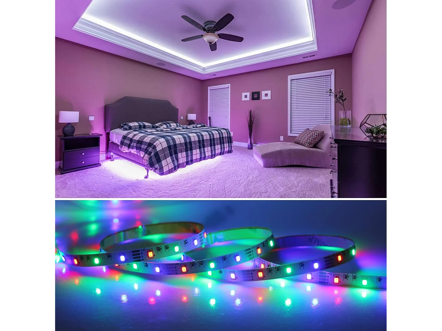 Ruban LED 5M, LED chambre RGB Lumineuse Flexible, Bande LED Lumière LED multicolore avec Télécommande pour Chambre, Cuisine, TV, Fête