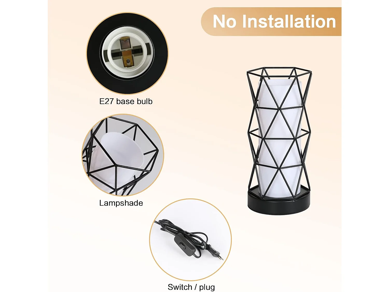 Lampe de Table, Lampe de Chevet Vintage, Lampe de Bureau pour Cadeau de fête Chambre Jardin Intérieur, avec Prise et Interrupteur, Ampoule E27 Non Incluse