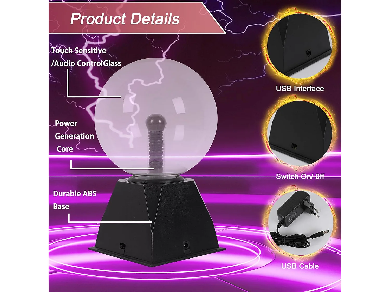Boule de Plasma Magique Pheashine Effet Électricité Statique Tactile Lampe Plasma Ball pour Enfants Décoration de Noël 6 inch (lumière violette)