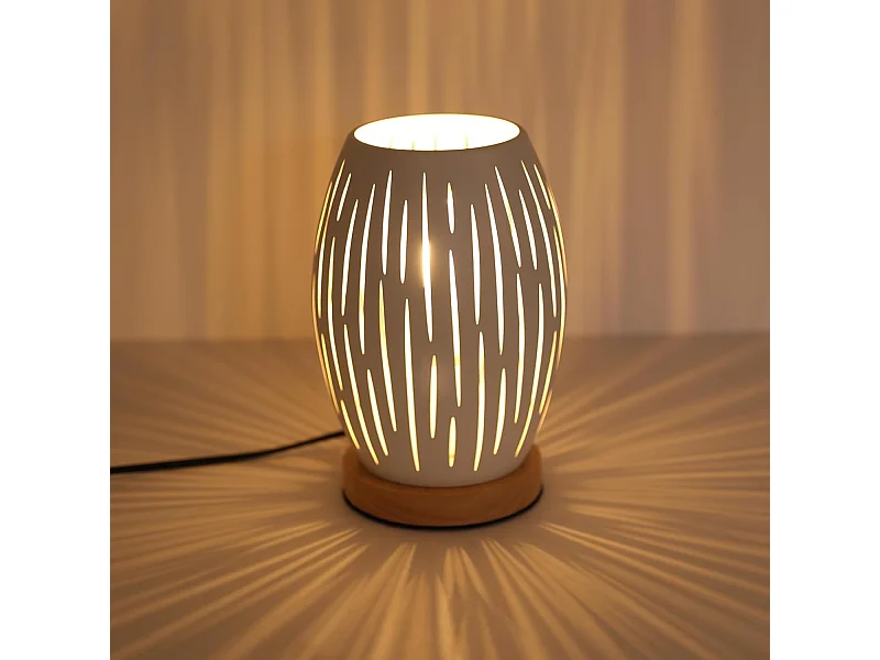 Lampe de Chevet E27, Lampe de Table avec Socle en Bois et Abat-jour en Métal Creux, Lampe de Bureau Décorative pour Chambre Bar Chambre d'enfant Restaurant, Blanc