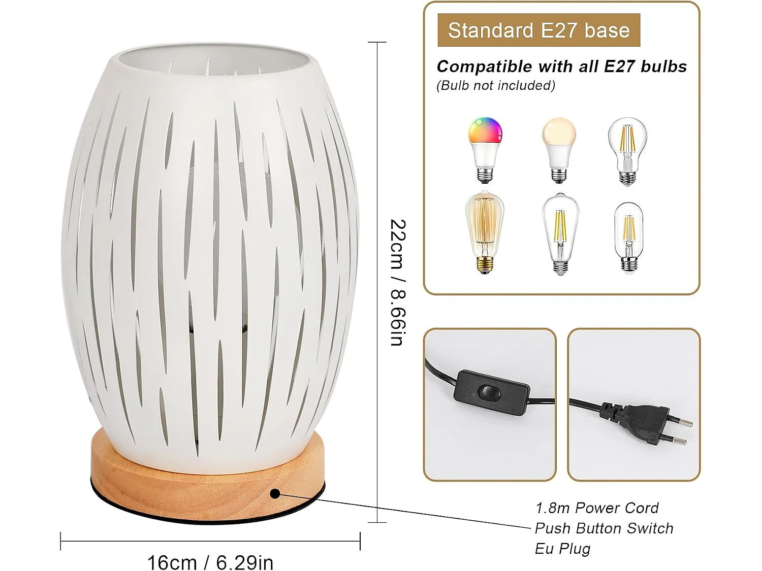 Lampe de Chevet E27, Lampe de Table avec Socle en Bois et Abat-jour en Métal Creux, Lampe de Bureau Décorative pour Chambre Bar Chambre d'enfant Restaurant, Blanc