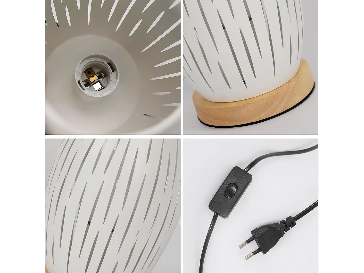 Lampe de Chevet E27, Lampe de Table avec Socle en Bois et Abat-jour en Métal Creux, Lampe de Bureau Décorative pour Chambre Bar Chambre d'enfant Restaurant, Blanc