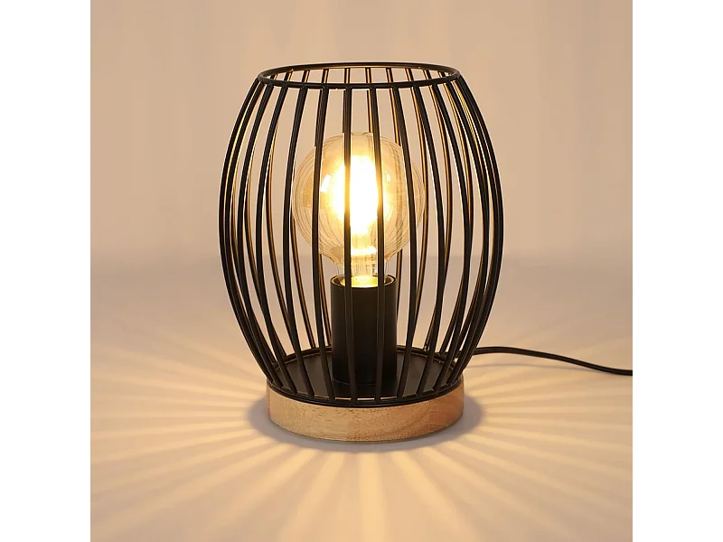 Lampe design métal noir E27 avec abat-jour cage - 21cm pour bureau ou chevet, interrupteur bouton, parfait cadeau déco
