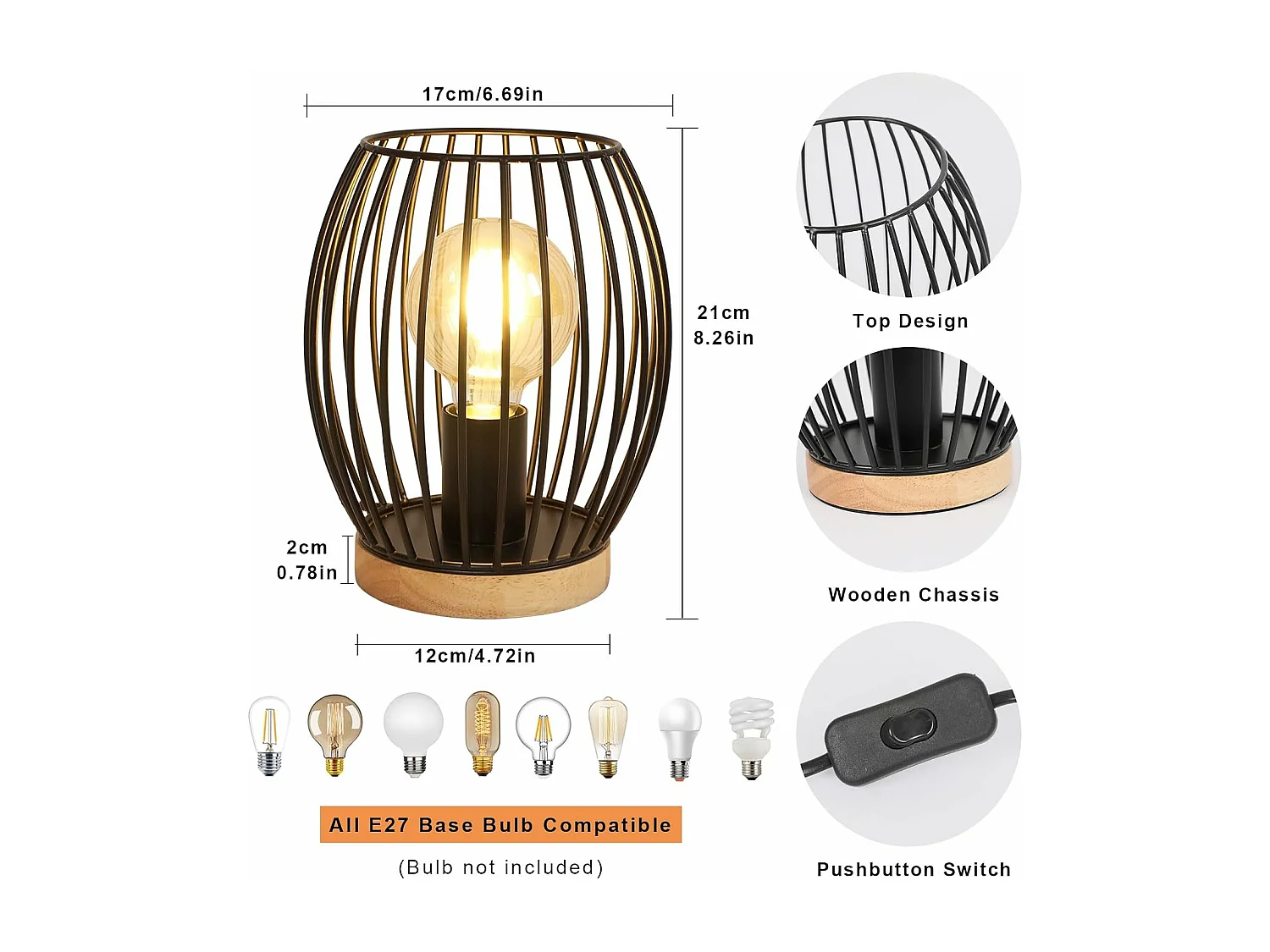 Lampe design métal noir E27 avec abat-jour cage - 21cm pour bureau ou chevet, interrupteur bouton, parfait cadeau déco