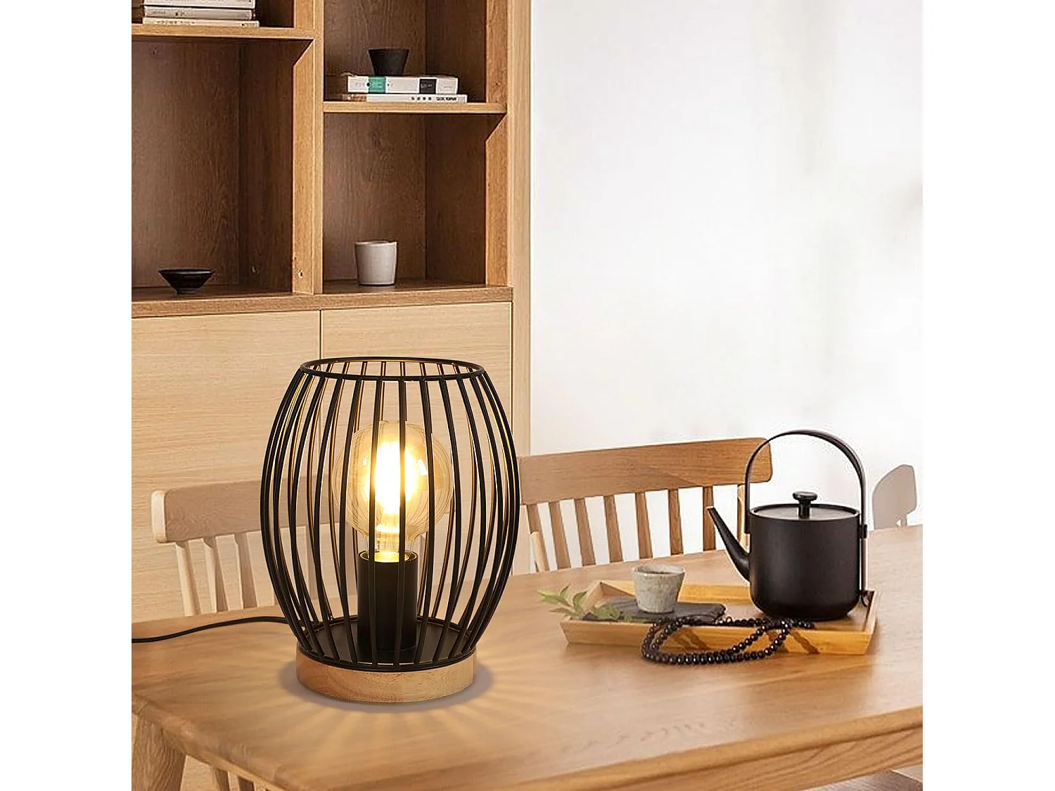 Lampe design métal noir E27 avec abat-jour cage - 21cm pour bureau ou chevet, interrupteur bouton, parfait cadeau déco