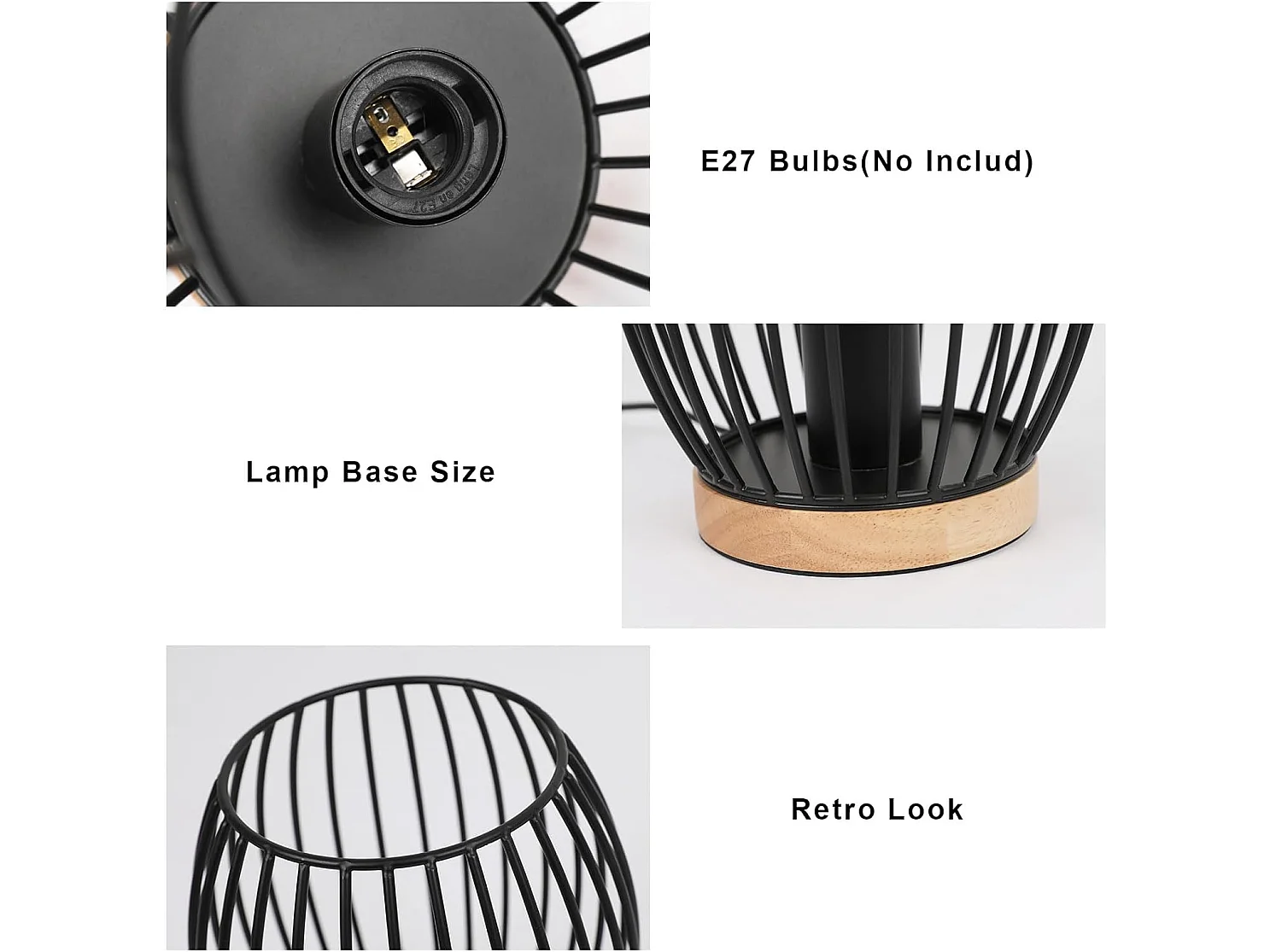 Lampe design métal noir E27 avec abat-jour cage - 21cm pour bureau ou chevet, interrupteur bouton, parfait cadeau déco