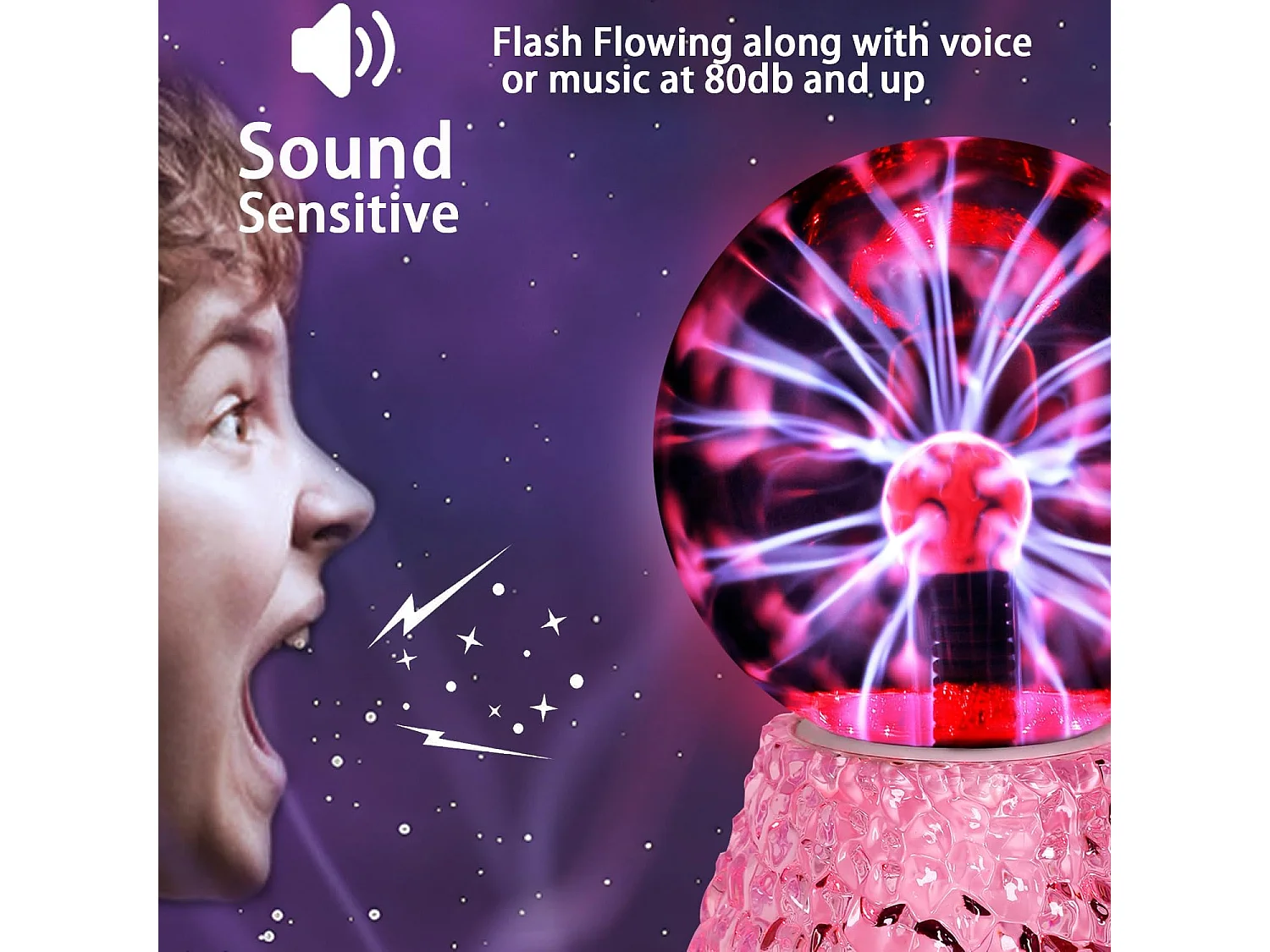 Lampe à Plasma Interactive 5’’ avec Sensibilité Sonore et Tactile - Idéale Décoration Noël, Cadeau Enfant et Veilleuse Éclair Flash