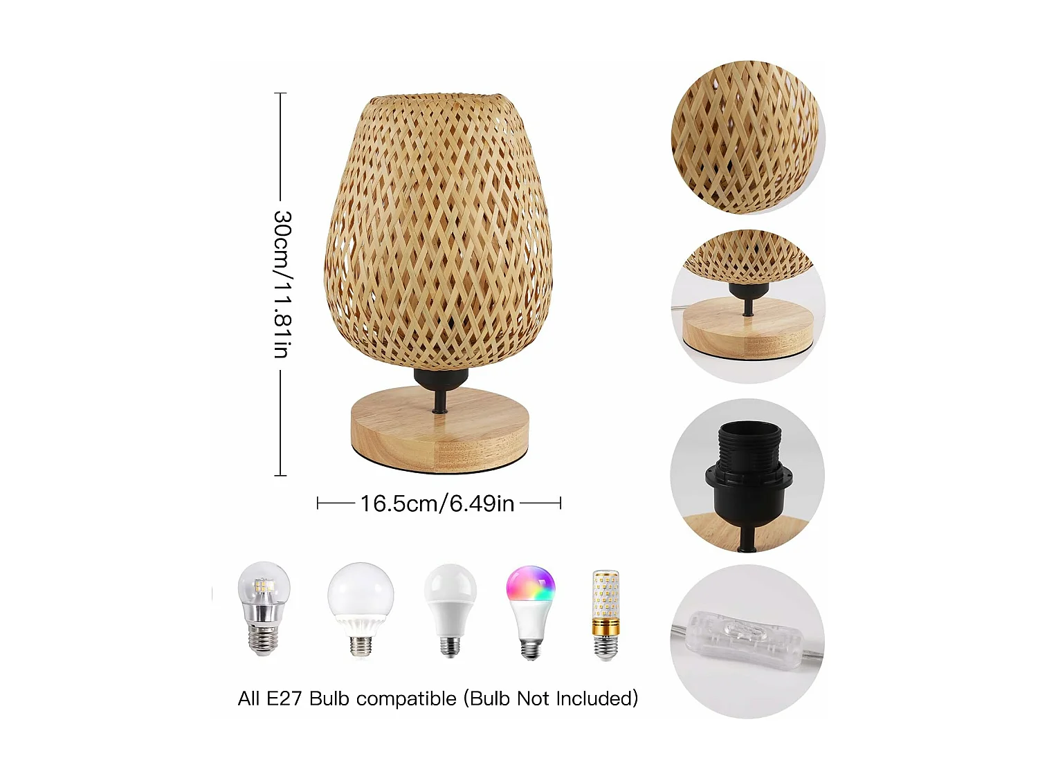 Lampe de Table en Bambou Tissé avec Abat-Jour Design Parfaite pour Chambre Bureau Salle à Manger et Salon 16*30cm(Ampoule non incluse)