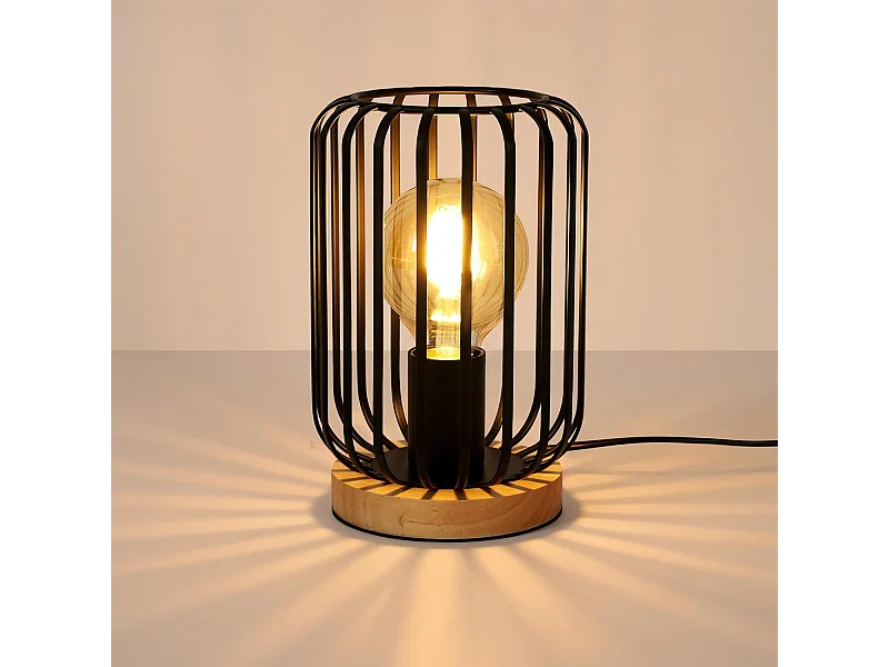 Lampe Industrielle Vintage Métal et Bois Noir avec Interrupteur - E27 60W Max pour Bureau/Chambre