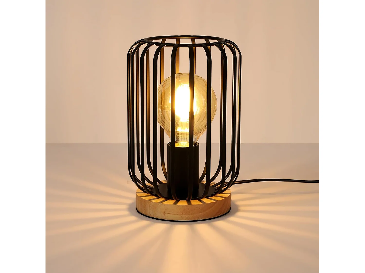 Lampe Industrielle Vintage Métal et Bois Noir avec Interrupteur - E27 60W Max pour Bureau/Chambre