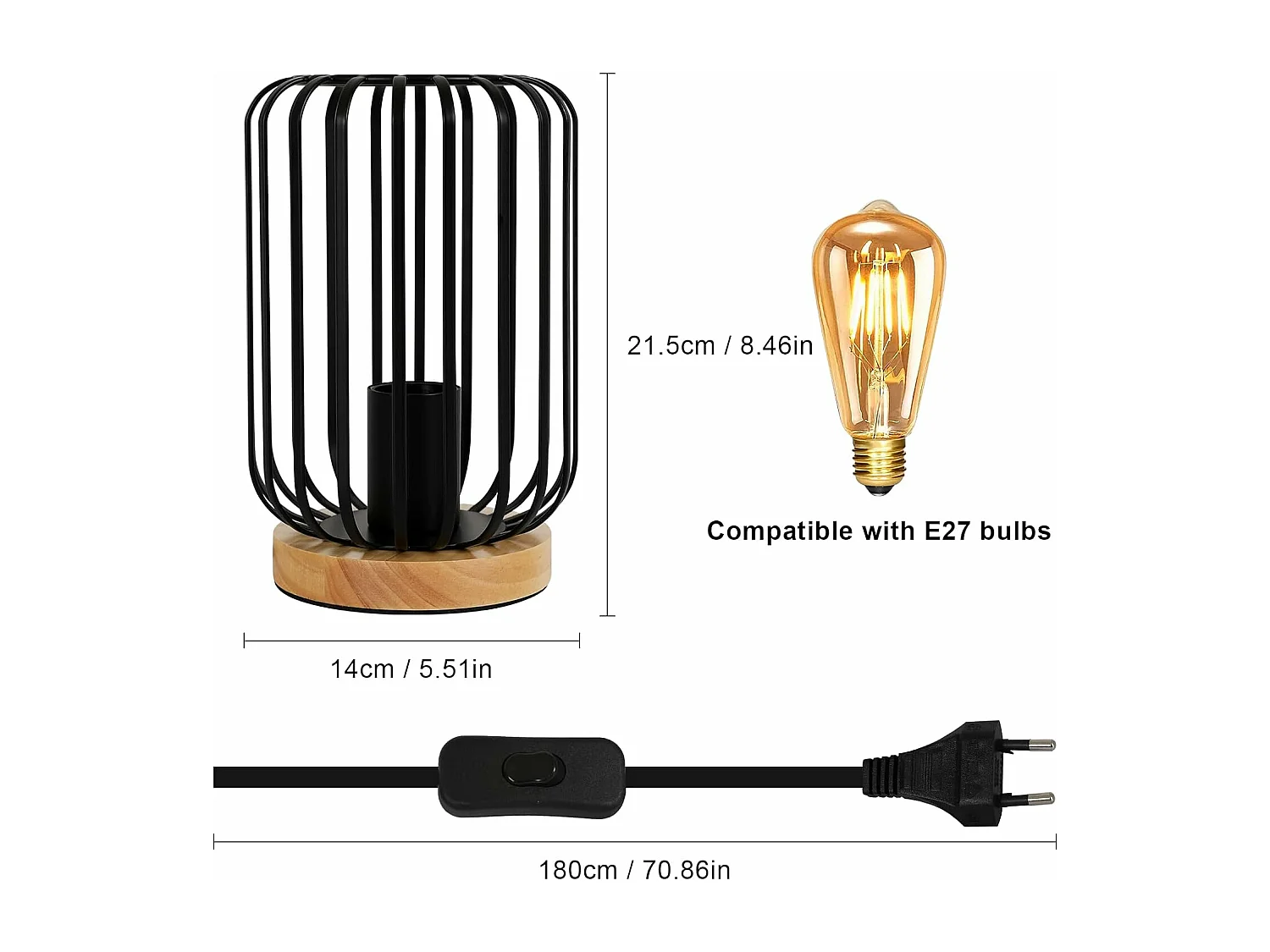 Lampe Industrielle Vintage Métal et Bois Noir avec Interrupteur - E27 60W Max pour Bureau/Chambre