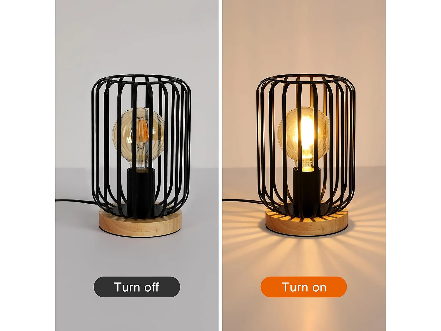 Lampe Industrielle Vintage Métal et Bois Noir avec Interrupteur - E27 60W Max pour Bureau/Chambre