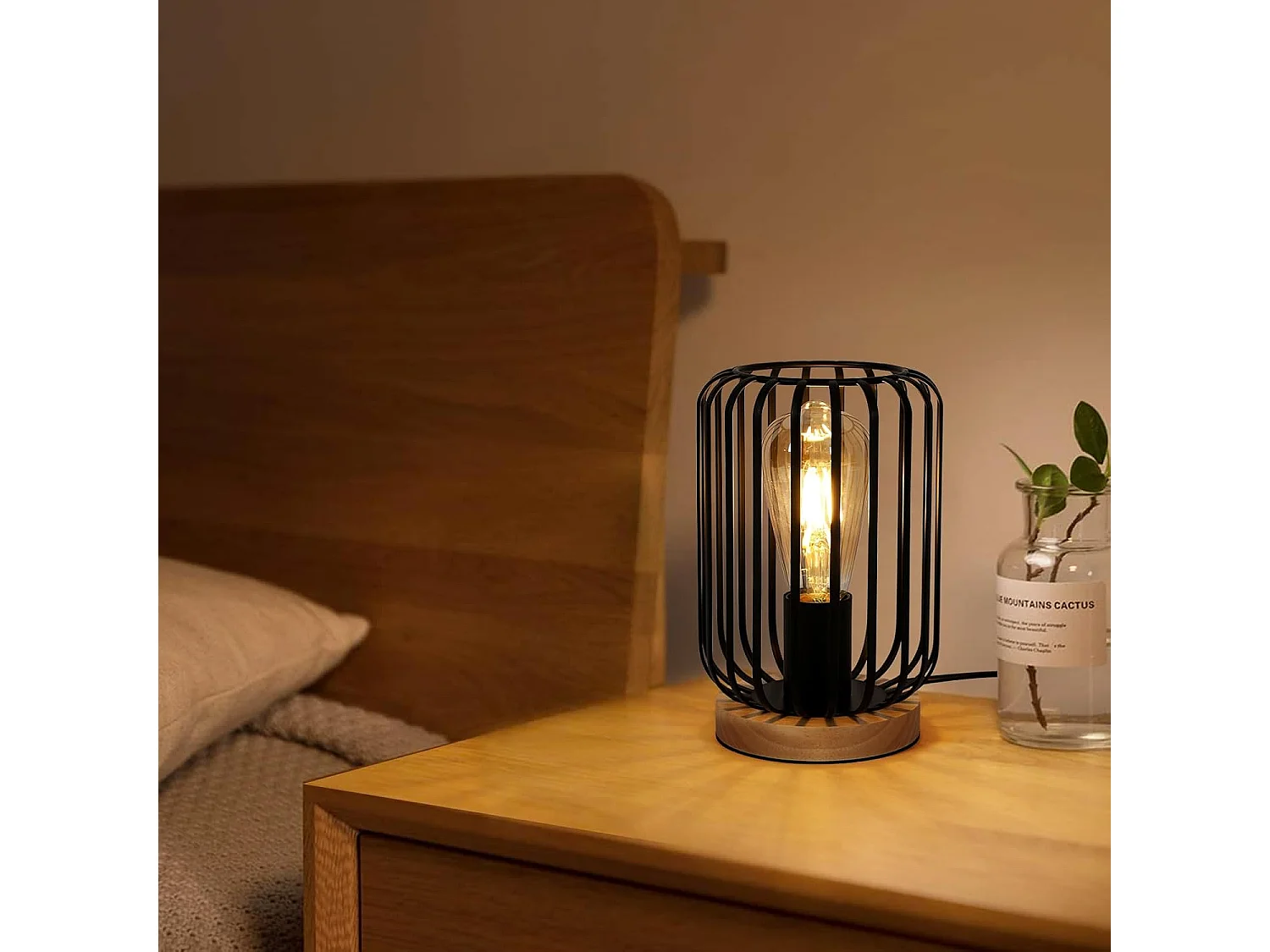 Lampe Industrielle Vintage Métal et Bois Noir avec Interrupteur - E27 60W Max pour Bureau/Chambre