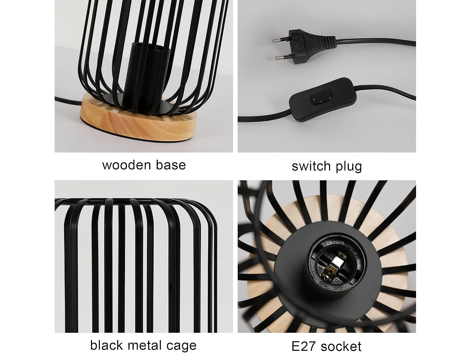 Lampe Industrielle Vintage Métal et Bois Noir avec Interrupteur - E27 60W Max pour Bureau/Chambre