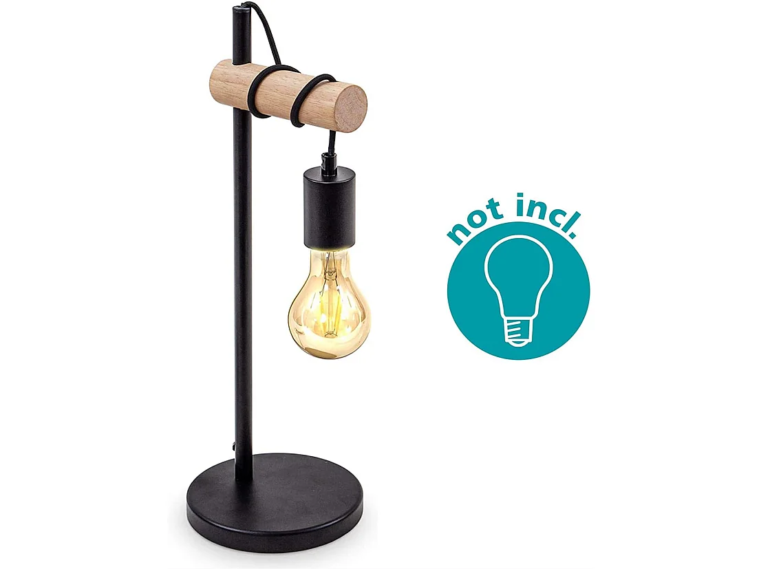 Lampe de table, design rétro lampe de lecture, bois & métal, Éclairage du bureau et de la chambre, lampe de chevet,pour ampoule LED E27 10W max (non incluse) (Noir)