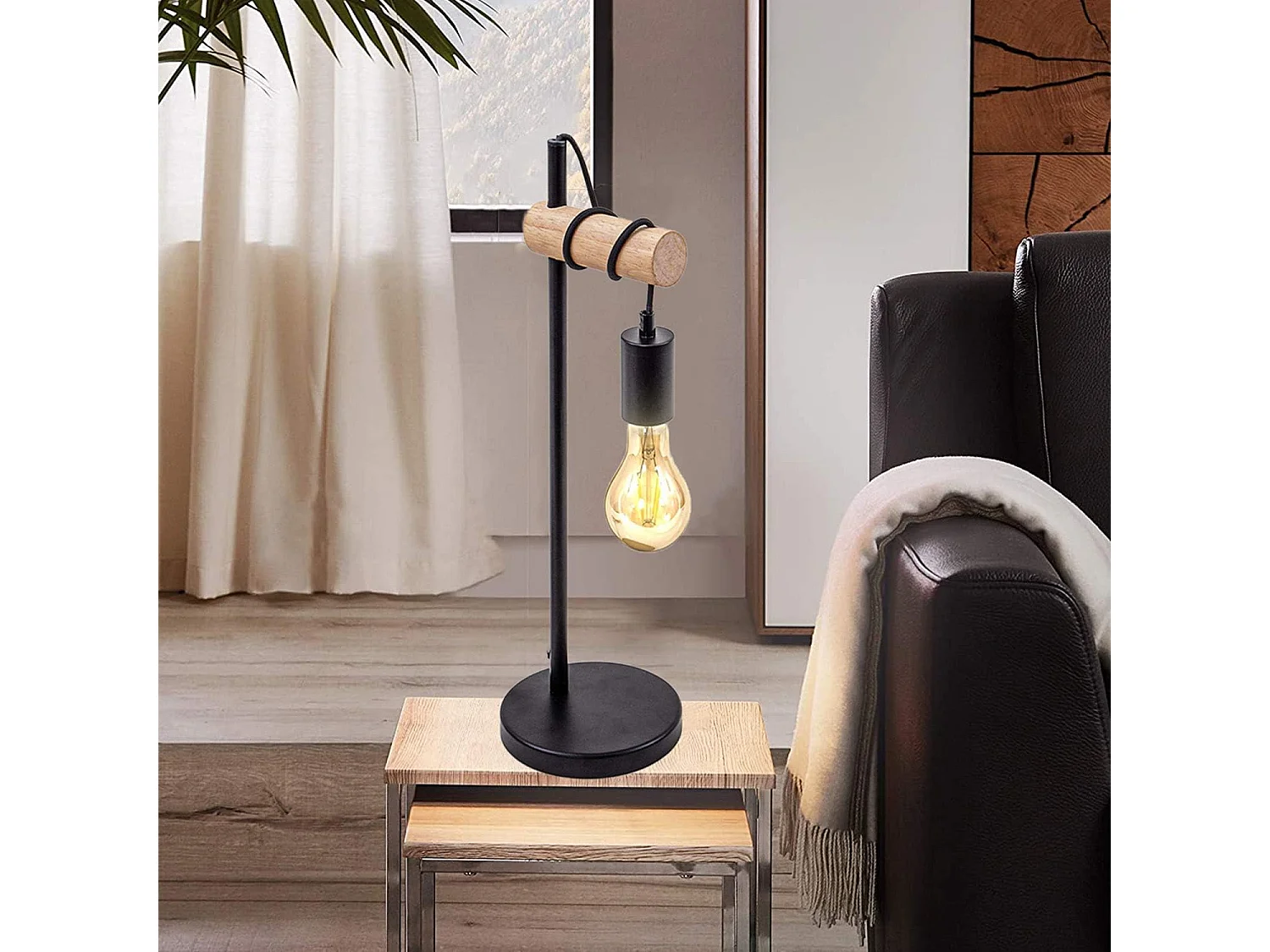 Lampe de table, design rétro lampe de lecture, bois & métal, Éclairage du bureau et de la chambre, lampe de chevet,pour ampoule LED E27 10W max (non incluse) (Noir)