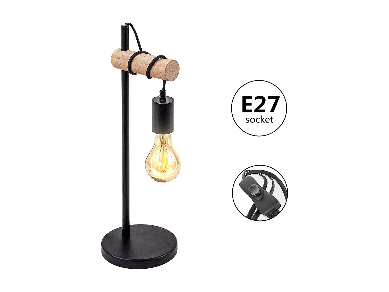 Lampe de table, design rétro lampe de lecture, bois & métal, Éclairage du bureau et de la chambre, lampe de chevet,pour ampoule LED E27 10W max (non incluse) (Noir)