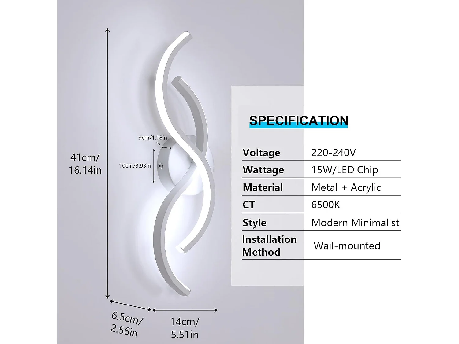 Applique Murale Intérieure, LED Lampe Murale Design Incurvée 15W 1687LM, Éclairage Acrylique Luminaire Mural pour Salon Couloir,Blanc Froid 6500K, 41cm