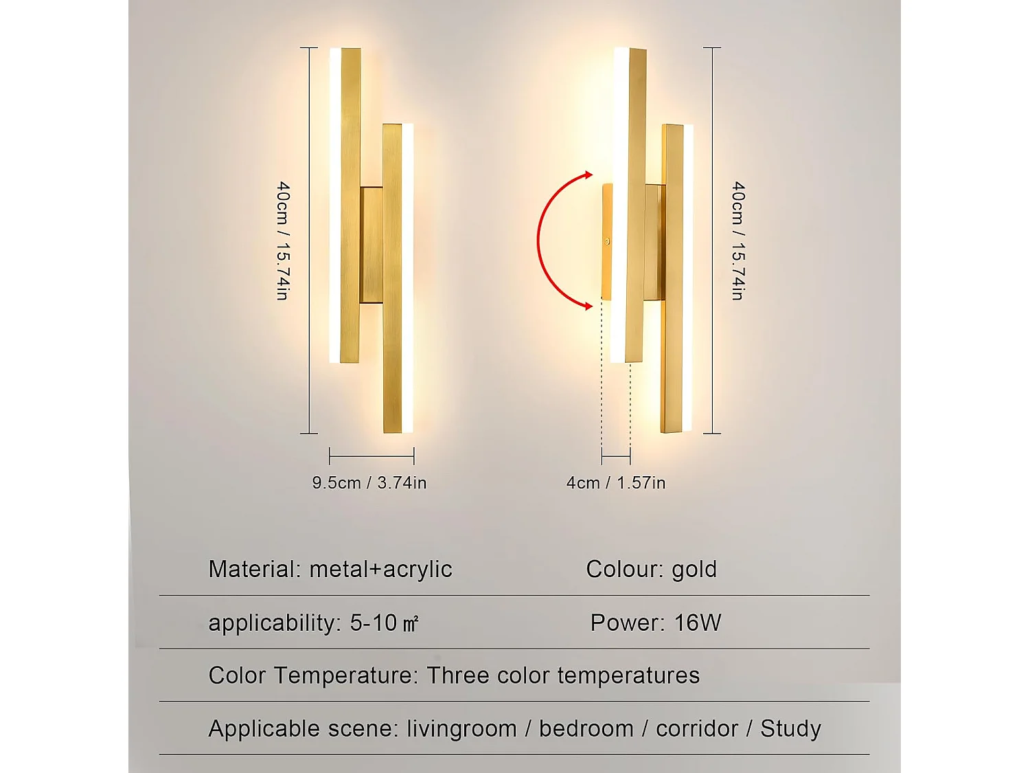 Applique Murale LED Moderne, 16 W Or 3 Températures de Couleur Elegante Applique Murale Led Interieur, 3000K/4500K/6500K Lampe Murale LED Pour Chambre, Salon