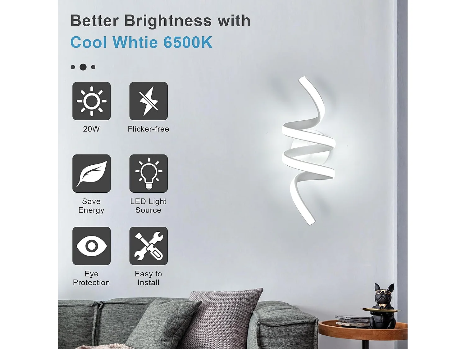 Applique Murale Intérieure LED, 24W Lampe Murale LED Creative Incurvée Design, Éclairage Luminaire Mural pour Salon Chambre Couloir,6500K Lumière Blanche Froide