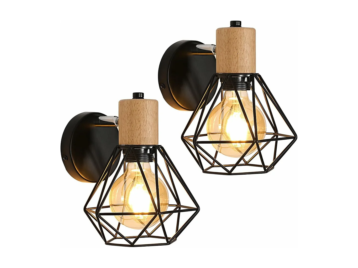 2 pièces Applique Murale Industrielle Vintage, Lampe Murale 360° Rotative en Bois, Lampe Cage E27 en Métal et Fer Noir pour Chambre à Coucher Couloir