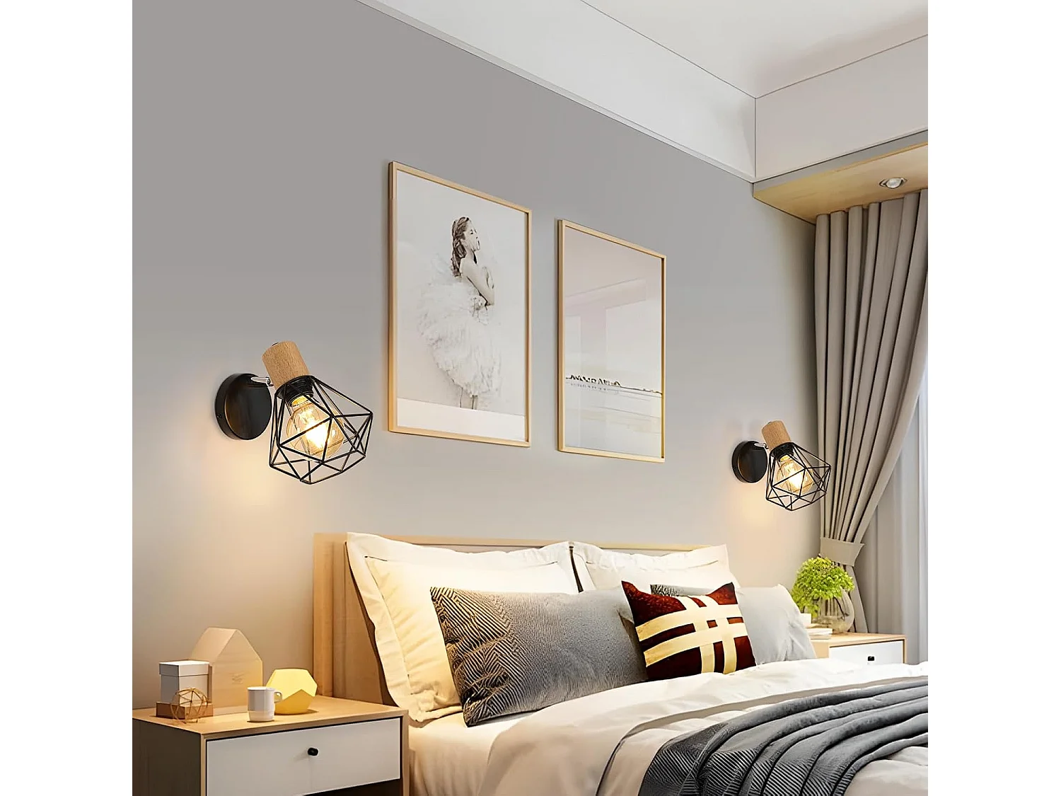 2 pièces Applique Murale Industrielle Vintage, Lampe Murale 360° Rotative en Bois, Lampe Cage E27 en Métal et Fer Noir pour Chambre à Coucher Couloir