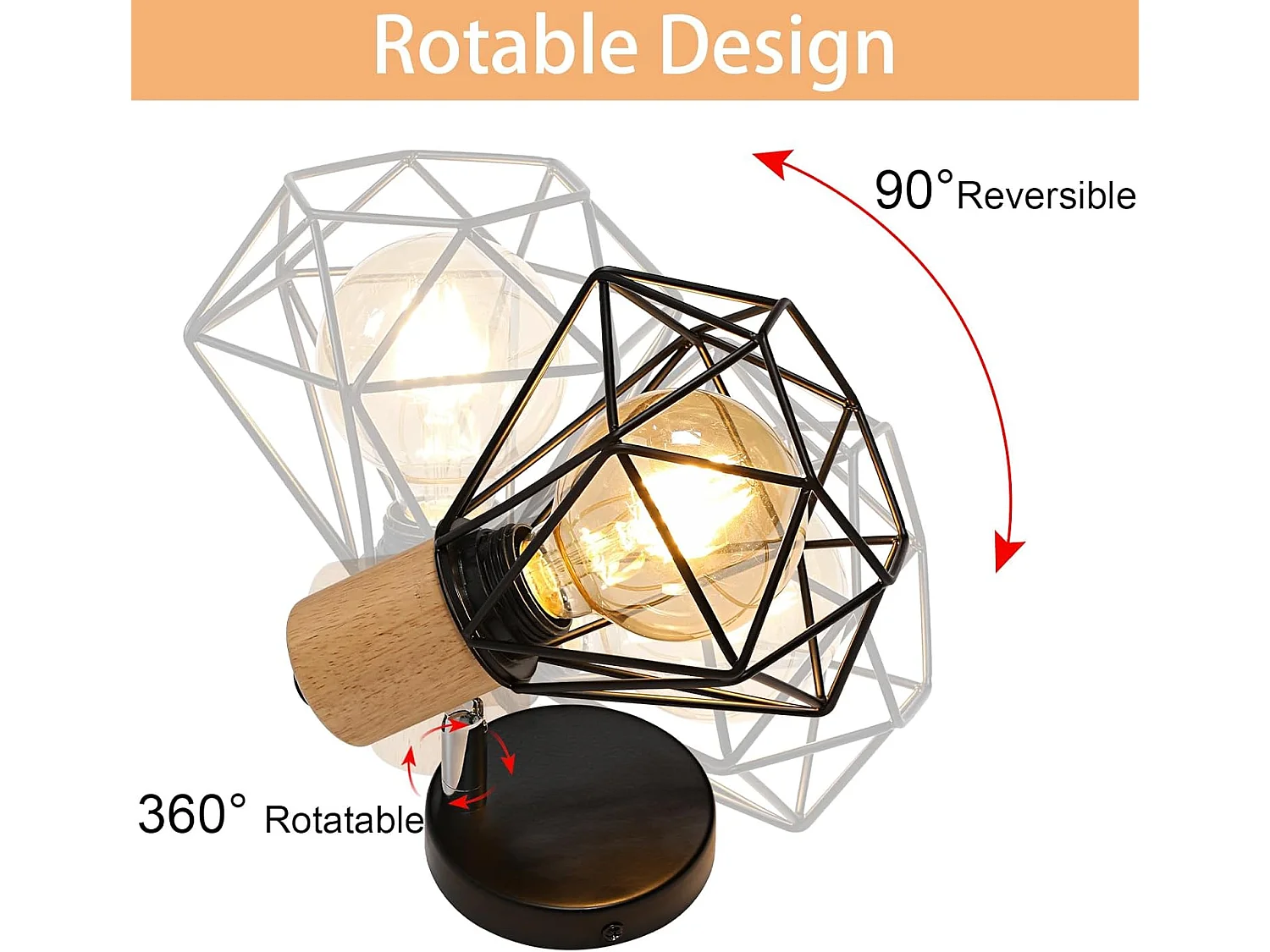 2 pièces Applique Murale Industrielle Vintage, Lampe Murale 360° Rotative en Bois, Lampe Cage E27 en Métal et Fer Noir pour Chambre à Coucher Couloir