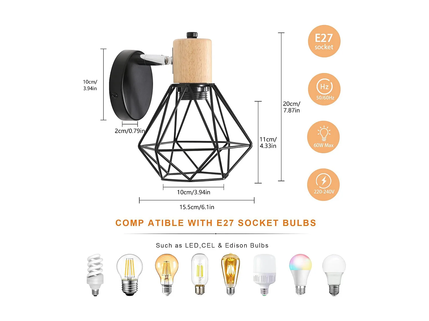 2 pièces Applique Murale Industrielle Vintage, Lampe Murale 360° Rotative en Bois, Lampe Cage E27 en Métal et Fer Noir pour Chambre à Coucher Couloir