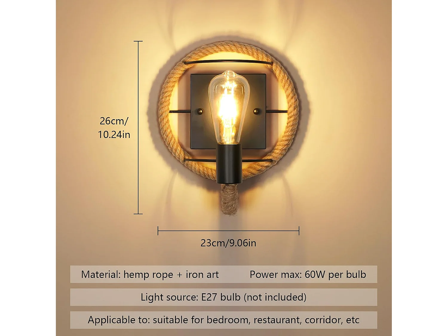 Applique Murale Industrielle Vintage, Lampe Murale Interieur Rétro Fer en Forme de Corde de Chanvre Lampe, Socle E27 Douille Applique pour Bars,Longueur 26cm
