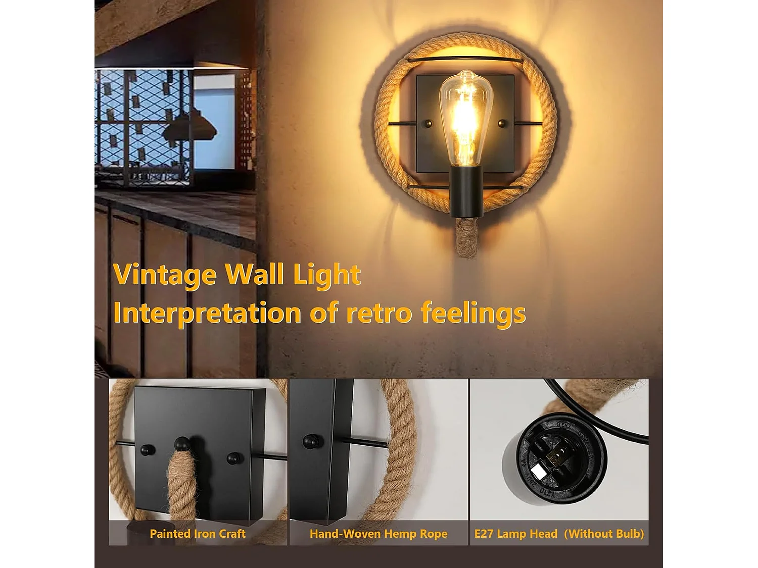 Applique Murale Industrielle Vintage, Lampe Murale Interieur Rétro Fer en Forme de Corde de Chanvre Lampe, Socle E27 Douille Applique pour Bars,Longueur 26cm