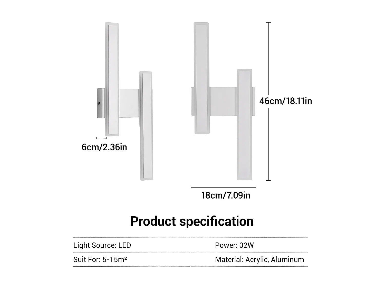 Applique murale LED d'intérieur, 32 W, 3600 lm, blanche, moderne, longue, en acrylique, pour salon, chambre, lumière blanche froide 6500 K