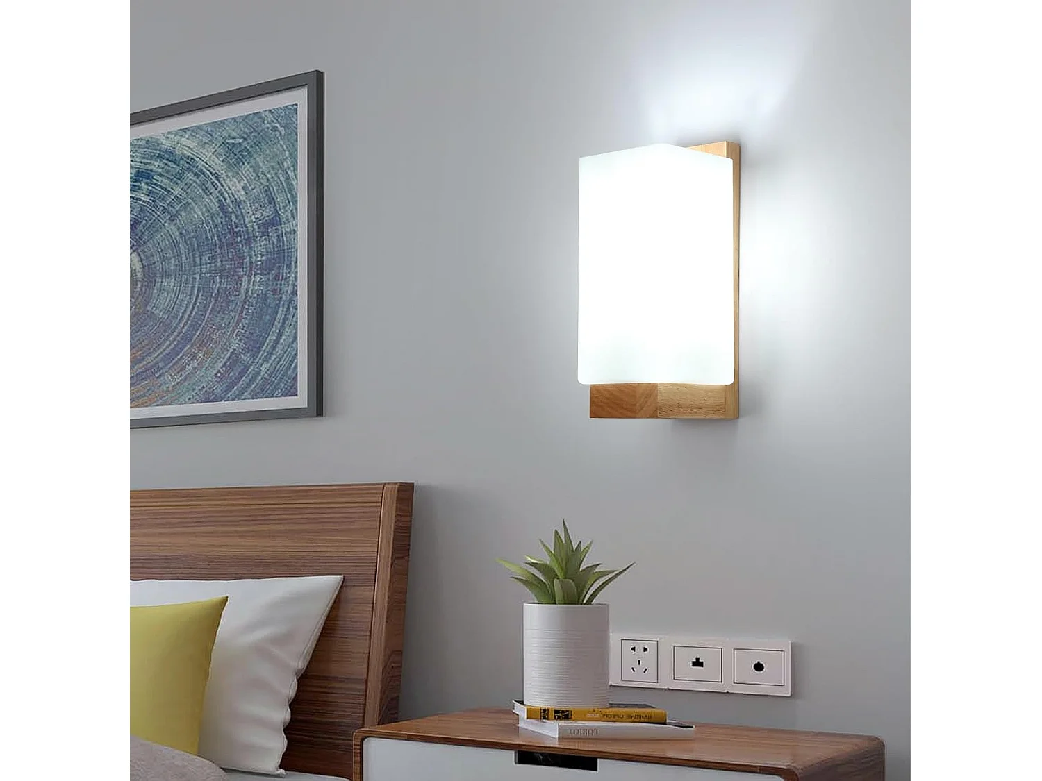 Applique Murale Intérieure Bois, Moderne E27 Lampe Murale Design Minimaliste, Abat-jour en Verre Applique Murale pour Chambre Salon Couloir Café Décoration