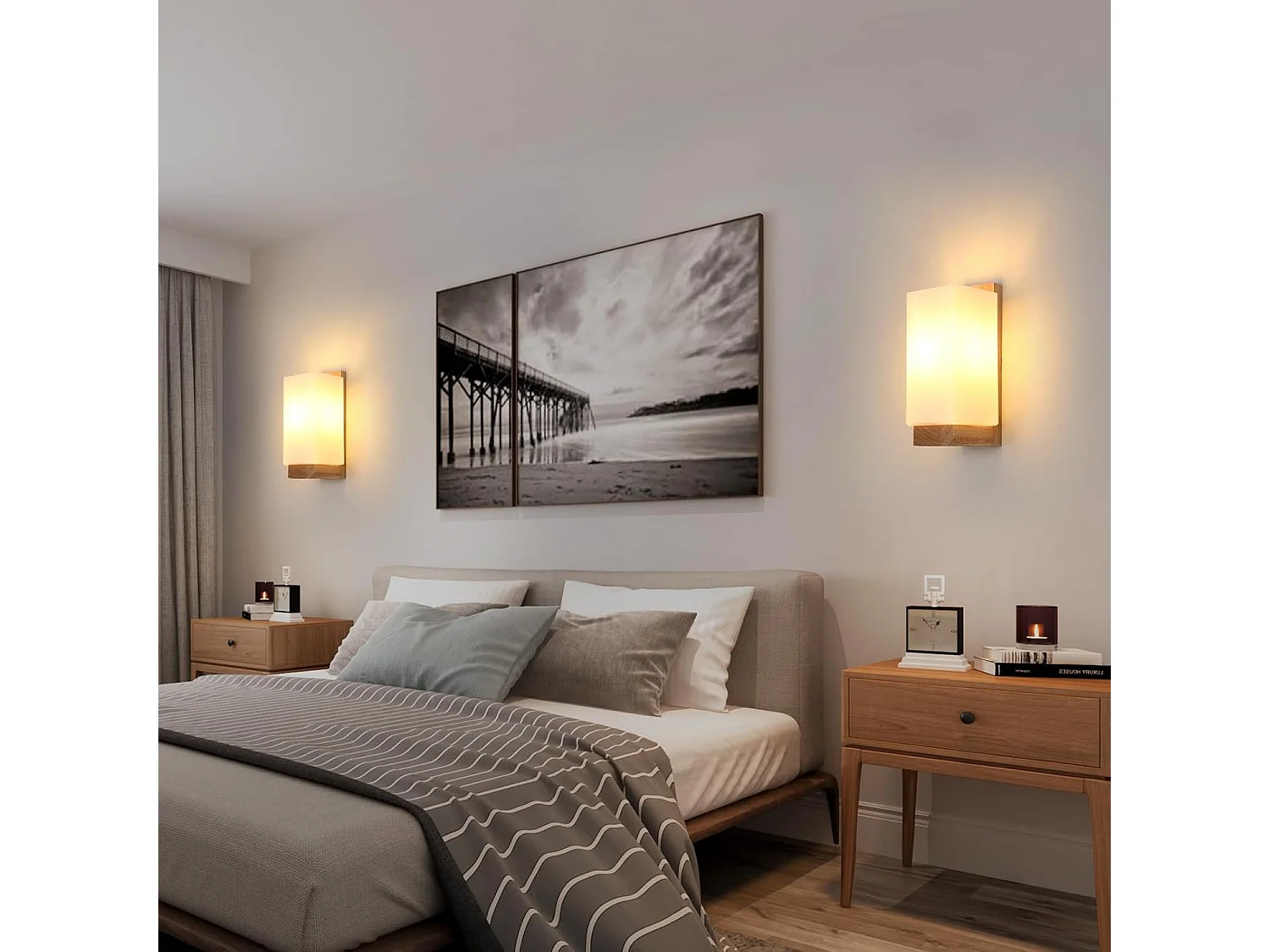 Applique Murale Intérieure Bois, Moderne E27 Lampe Murale Design Minimaliste, Abat-jour en Verre Applique Murale pour Chambre Salon Couloir Café Décoration