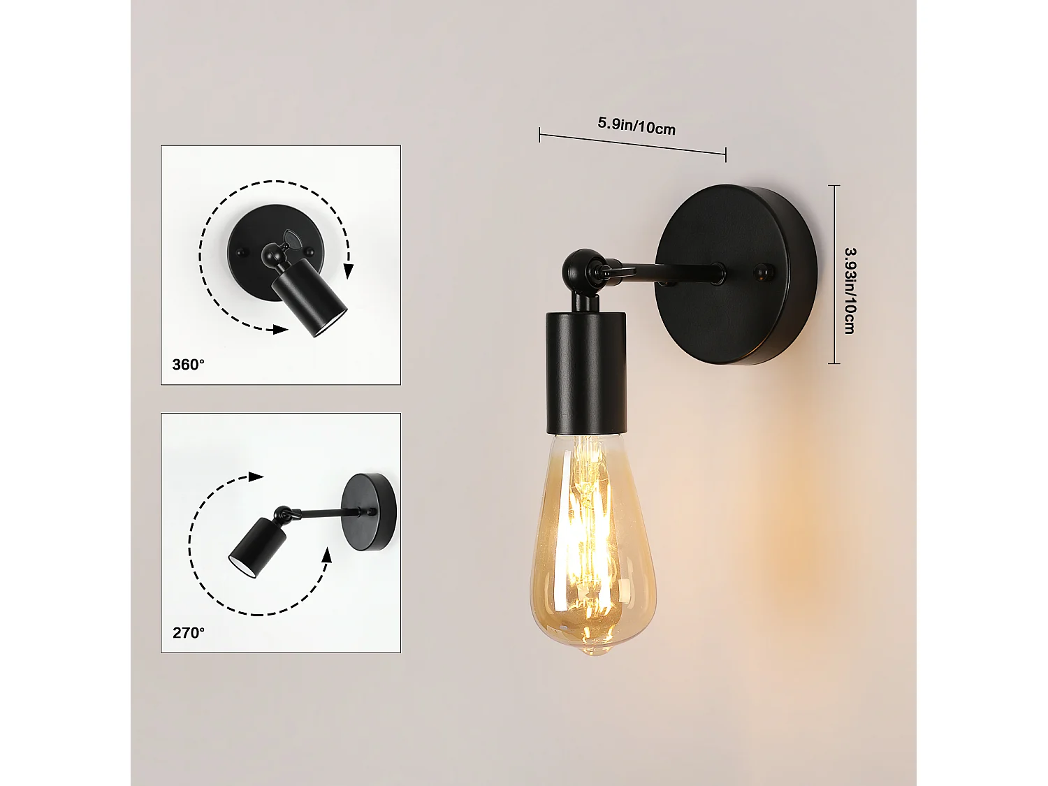 Lot de 2 Appliques Murales Vintage Noires E27 pour un Éclairage Intérieur Parfait dans le Salon ou le Couloir (Ampoules non incluses)